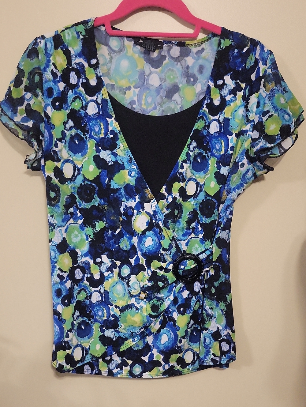 Notations Women's Blue & Green Floral Wrap-Style Stretch Top See Photos